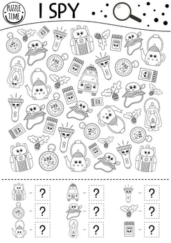 Camping I spy black and white game for kids. Searching and counting outline activity or coloring page with summer camp equipment. Funny printable worksheet with smiling kawaii objects. vector