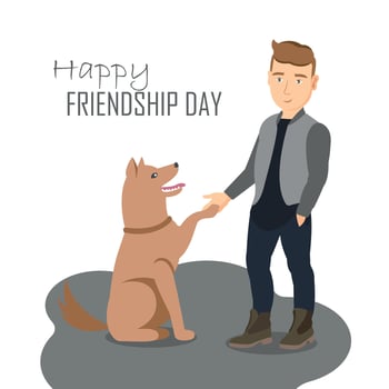 Cartoon illustration with a young man and a happy dog that gives a paw. Happy friendship day vector