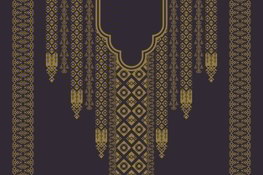 Luxury vintage gold color ethnic geometric shape neck embroidery pattern design with border on black background. Elegant tribal art fashion for shirts. vector