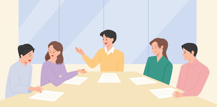 People sitting around the table are discussing opinions. vector