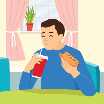 Man eating hot dog and drink soda in the living room. Character eating junk food vector