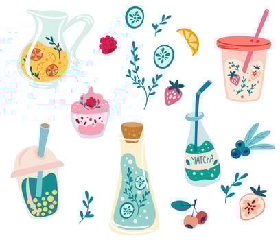Summer food and drinks. Cocktails, berries, fruits. Cold beverages. Cold drinks. Soda water, sweet fizzy beverages, fruit cocktails, juices, lemonades in glass and  bottles. Vector illustrations