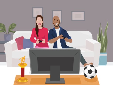 Cute couple playing video games in the living room flat vector illustration