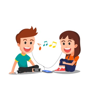 Two children listen to music together using earphone vector