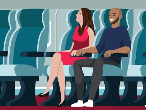 Cute diversity couple traveling on plane flat vector illustration scenario