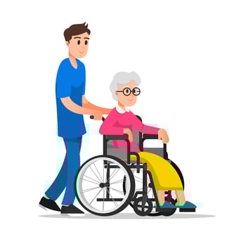A male nurse pushing a wheelchair for an elderly woman vector