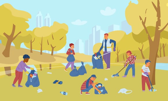 Group Of Children Volunteers With An Adult Collecting Trash In Autumn Park. Vector Illustration.