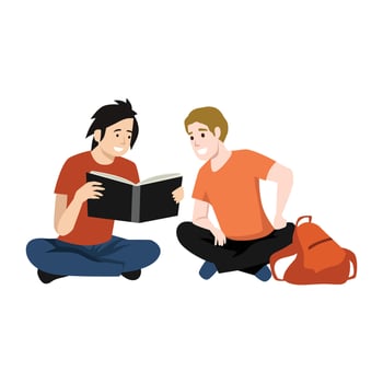 Friends reading book in the middle of exam. Studying for exam vector