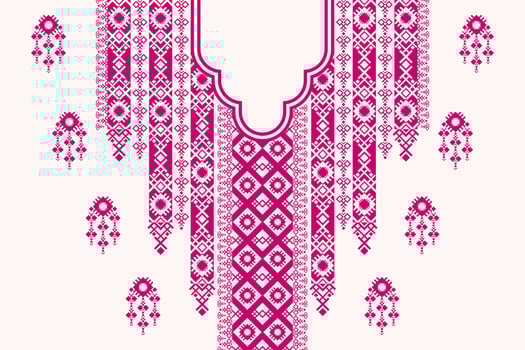 Two tone color ethnic geometric shape neck embroidery pattern design. Feminine tribal art fashion for shirts. vector