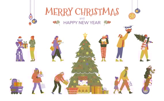 Vector collection of people and robots with Christmas gifts. Christmas tree with present boxes.