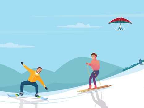 vector illustration of couple skier mountains snow. ski mask rest in mountains flat art