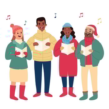 christmas caroling singing at Christmas night flat vector illustration isolated on white background