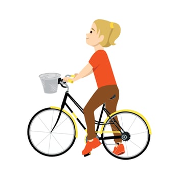 Little girl standing on a bike with one leg smiling from side view flat vector illustration isolated on white background