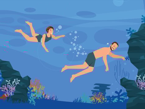 cute couple diving in the sea with happy faces flat vector illustration