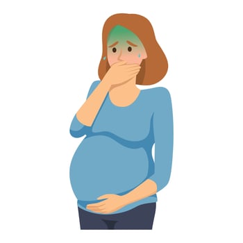 Young beautiful pregnant woman covering mouth with hand suffering morning sickness nausea pregnancy symptom vector