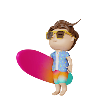 3d rendering cute boy bring surfing board in summer png