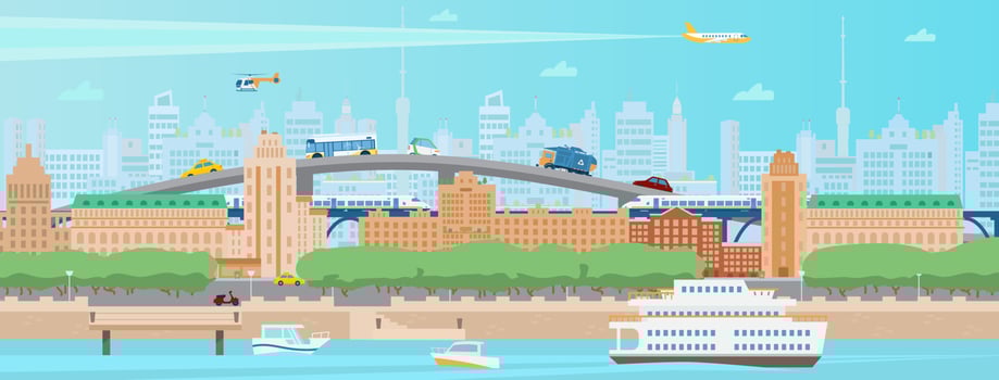 Horizontal modern summer city panorama. Cityscape with houses, quay, boats, ferry, train, bridge, cars, trees, helicopter and train, skyscrapers. Flat vector illustration.