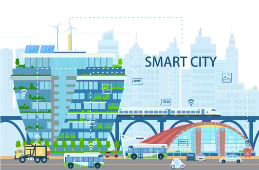 Smart city landscape with modern buildings, bullet train, electro buses and cars, sunbatteries, network of things, icons. City of future concept. Flat vector illustration.
