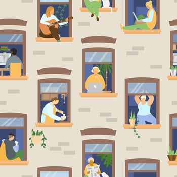 People in windows seamless vector pattern. People at home. Flat vector illustration.