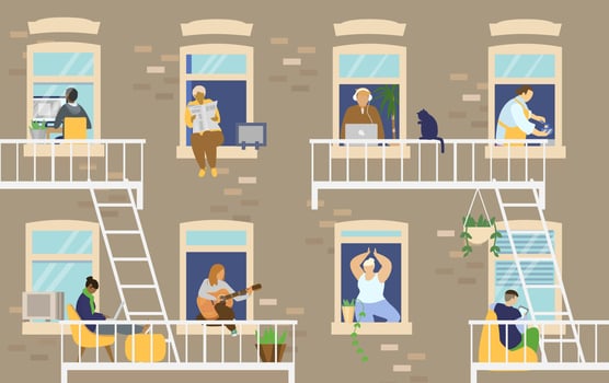 House exterior with people in windows and balconies staying at home. Flat vector illustration.