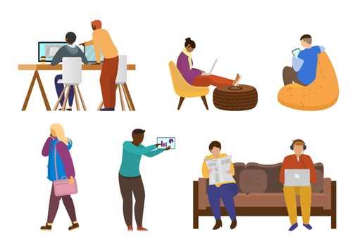 People coworking set. Women and men working at laptops. Creative freelancers. Vector flat illustration.