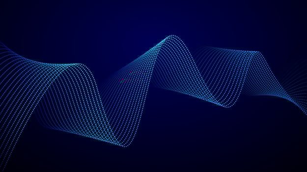 Dynamic particle wave abstract design. Dark background with blurred flowing dots. Vector