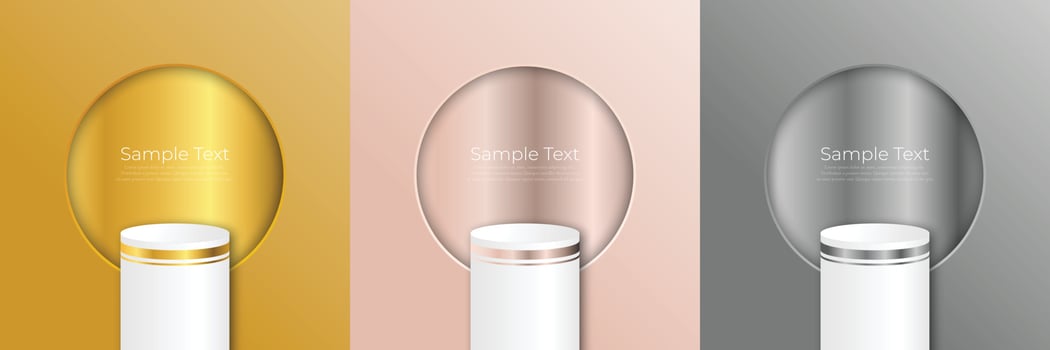 Pastel minimalist scene set with geometric shapes. gold, rose, silver background with white podium beautiful gold border 3d vector background podium rendering cosmetic product stand 3d illustration