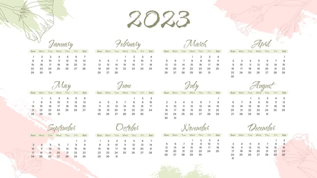 Trendy abstract background with  brush paint shapes and flower element in pastel colors. 2023 Calendar year vector illustration poster. The week starts on Sunday. Annual calendar template.