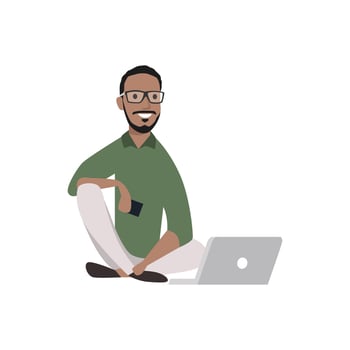 Cool man siting on the floor working on his laptop flat vector illustration