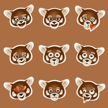 set of 9 vector emoji with red panda face , colored