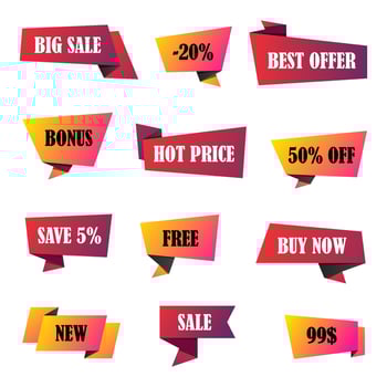 Vector stickers, price tag, banner, label. Coupon sale, offers and promotions vector template