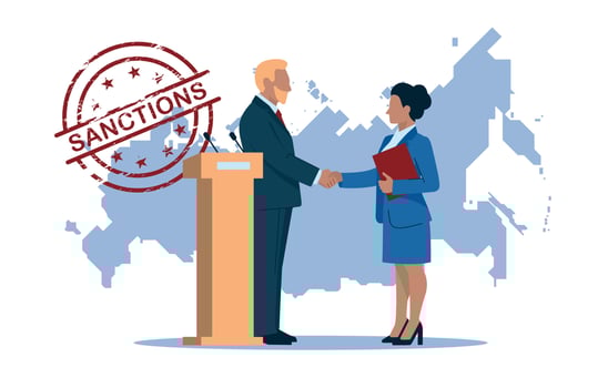 Sanctions. Politics. Business people. A man and a woman in business suits shake hands, politicians, businessmen, presenters. Russia map with Sanctions stamp. Vector image.