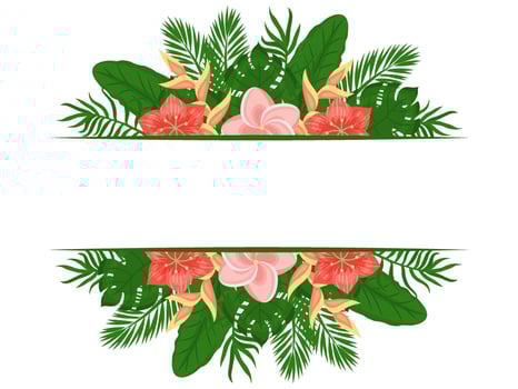 Summer cute frame with palm leaves and exotic flowers. Place for text.  Template for design. Vector illustration. cartoon style