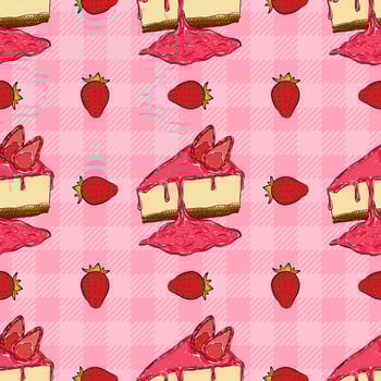 Seamless pattern with strawberry cheesecake. Bakery seamless background. Wrapping paper pattern. Hand drawn vector. Cute pattern. vector