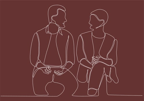 Single continuous line drawing of two young male workers chatting casually during office break. Having small talk at work one line concept drawing graphic design vector illustration