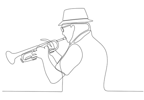 Continuous line man blowing jazz saxophone instrument Simple style hand drawn music style vector illustration