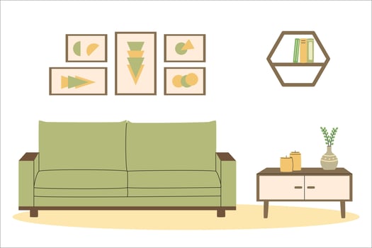 Cozy scandinavian interior. Living room. Couch and pedestal table. Hygge home. Flat vector illustration.