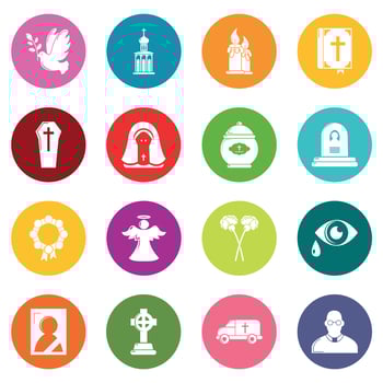 Funeral ritual service icons set colorful circles vector