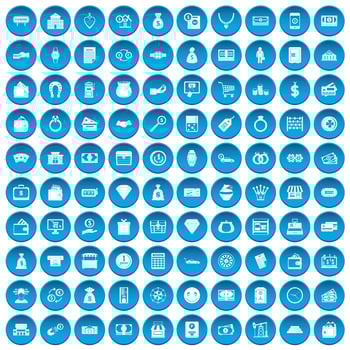 100 money icons set blue vector