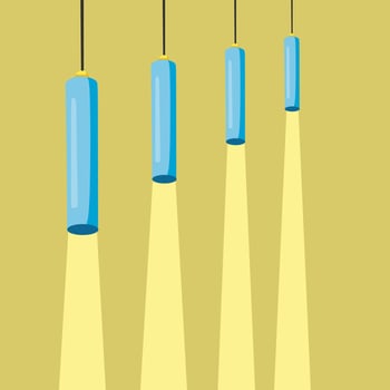 Modern ceiling lamp in cartoon style. A chandelier hanging on a cable with the light on. An element of a modern interior. Vector illustration