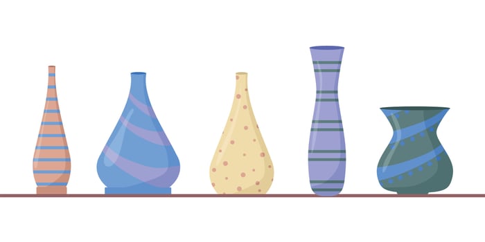 Large set of ceramic pasudas - cups, bowls and teapots, vases, plates.Vector illustration in cartoon style. vector