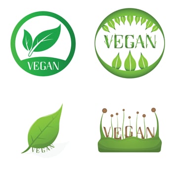 Set of Vegan vector icon. Organic, bio, eco symbol. Vegan, no meat, lactose free, healthy, fresh and nonviolent food. Green vector illustration with leaves for stickers, labels and logos