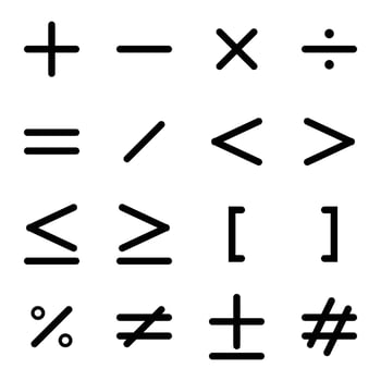 Mathematical Icons. Math symbols. Vector icons for calculations. Add, minus, times, divide, comparison symbol, equals, curly, percent, not equal, hashtag. Editable vector illustration