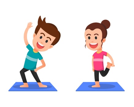 Two children stretching on a yoga mat vector