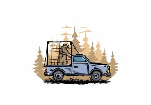 Big bear in cage on car illustration vector