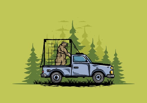 Big bear in cage on car illustration vector