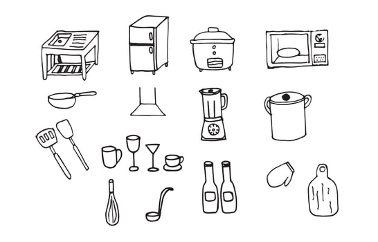 Set of Kitchen equipment icons vector hand drawn sketchy