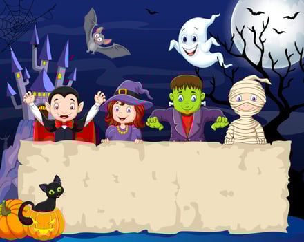Group of kids wearing halloween costumes with blank sign vector