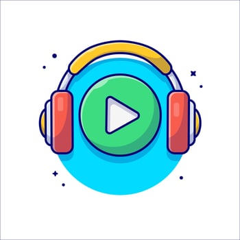 Play Button Icon with Headphones Cartoon Vector Icon  Illustration. Recreation Technology Icon Concept Isolated  Premium Vector. Flat Cartoon Style