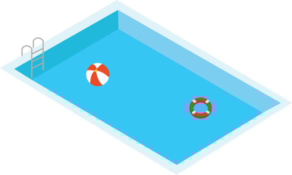 blue swimming pool water background with floating swim ring and ball. vector